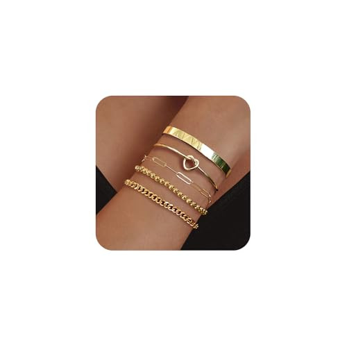 HERIER Gold Bangle Bracelets Stack for Women 14K Gold Plated Cuff Bracelet Set Chain Bracelet Jewelry Set for Women Trendy | Amazon (US)