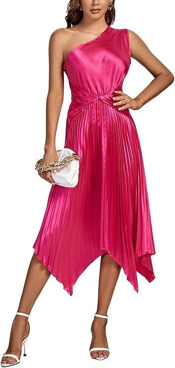 LYANER Women's Satin One Shoulder Sleeveless Twist Pleated Irregular Party Midi Dress Rose Small ... | Amazon (US)