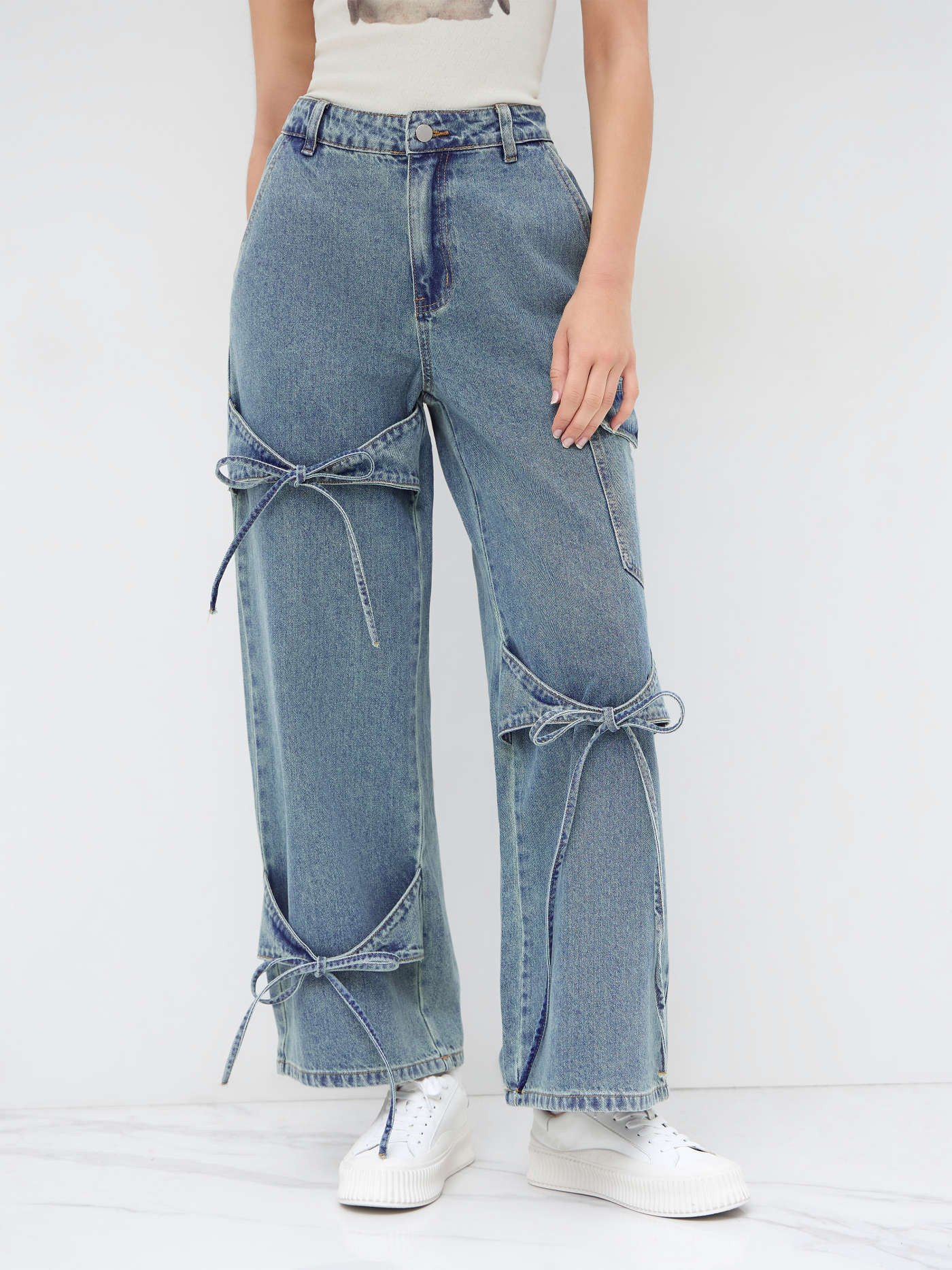 Cider Denim Low Rise Solid Bowknot Pocket Wide Leg Jeans... | Cider