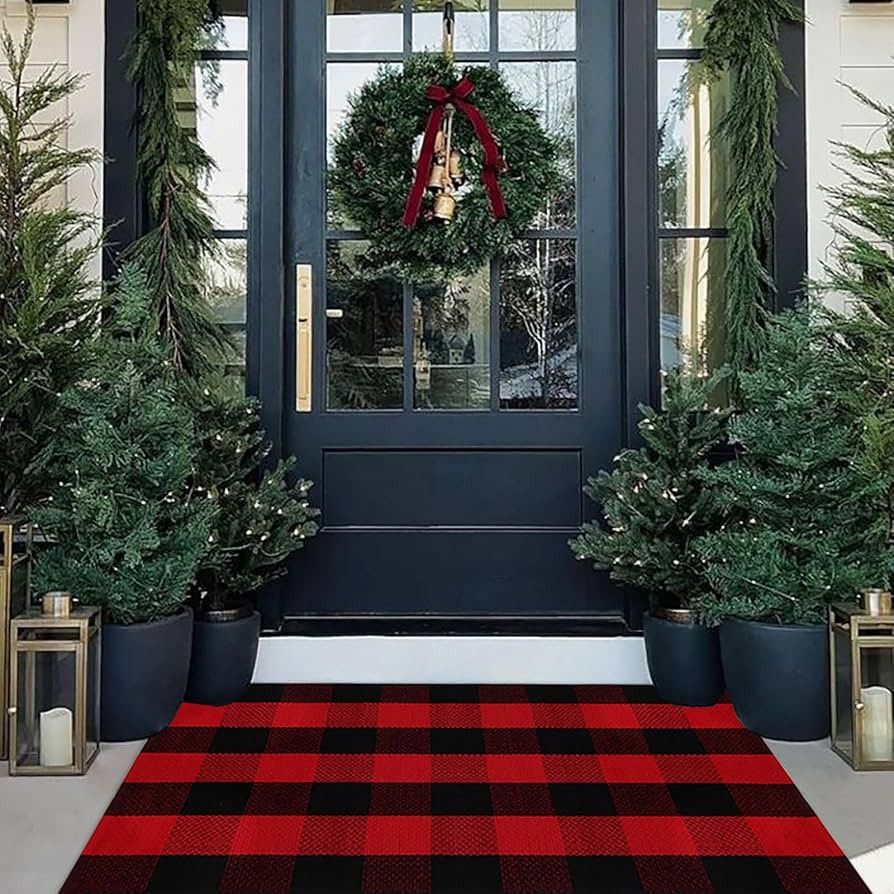 Christmas Door Mat Outdoor 27.5"x43" Buffalo Plaid Christmas Decor Rug Cotton Hand-Woven Layered ... | Amazon (US)