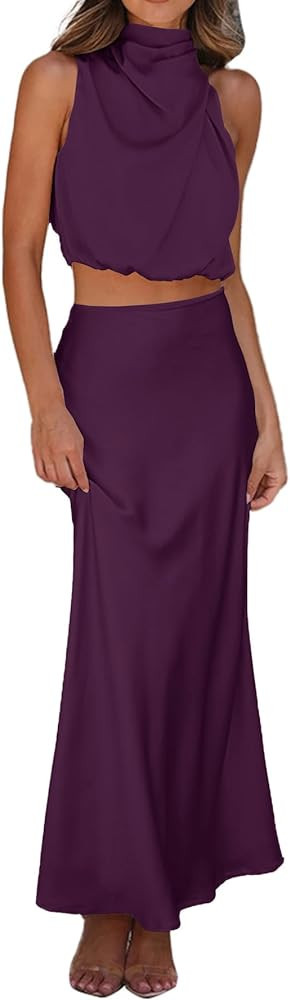 Rooscier Women's 2 Pcs Satin Halter Sleeveless Crop Top High Waist Bodycon Long Skirt | Amazon (US)