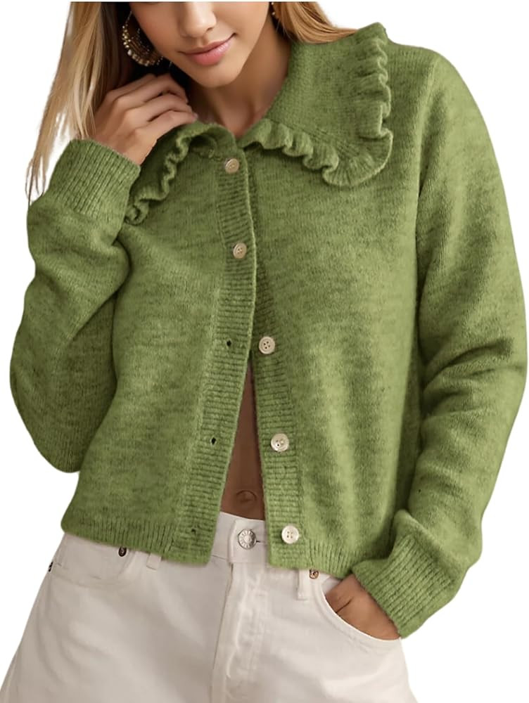 InterNos Womens Y2k Ruffled Collar Cardigan Sweaters Classic Button Down Long Sleeves Fall Sweate... | Amazon (US)