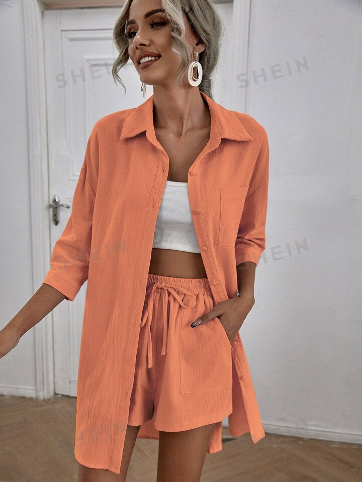 SHEIN Essnce Solid High Low Split Hem Shirt & Shorts | SHEIN