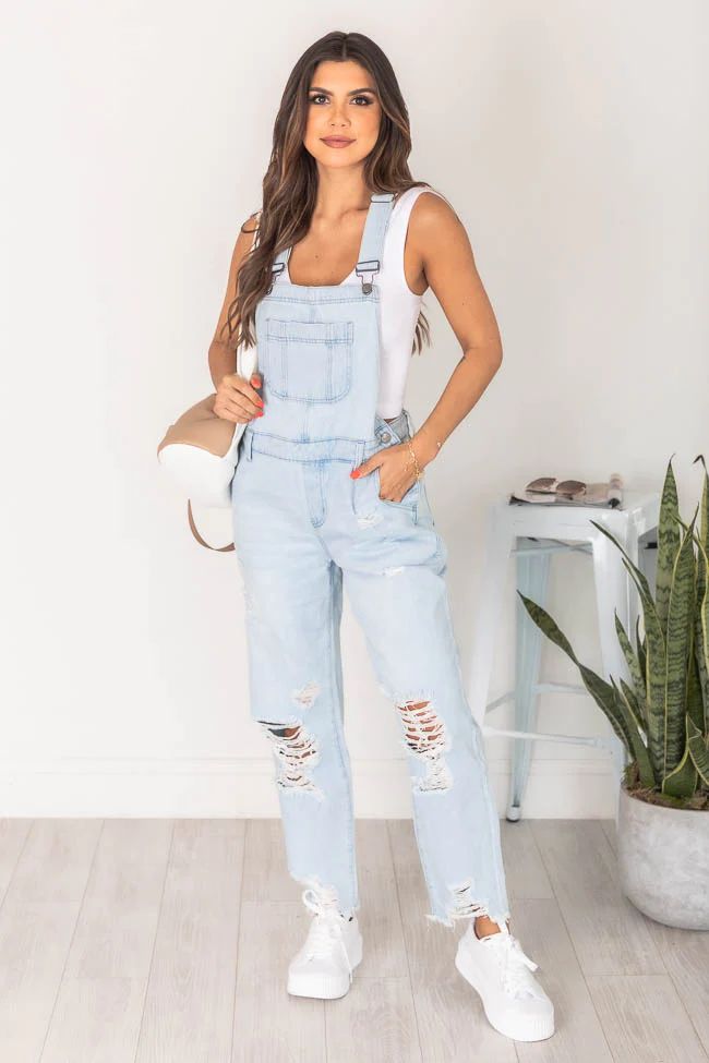Alright By You Light Wash Distressed Mom Jean Overalls FINAL SALE | Pink Lily
