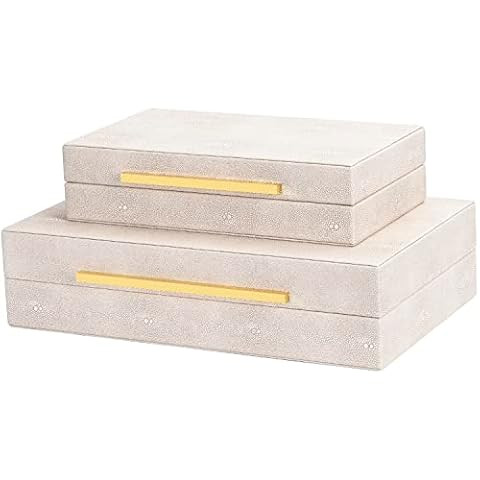 Sagala Set of 2 Ivory Shagreen Decorative Boxes With Brushed Gold Metal Handles, Faux Leather Jew... | Amazon (US)