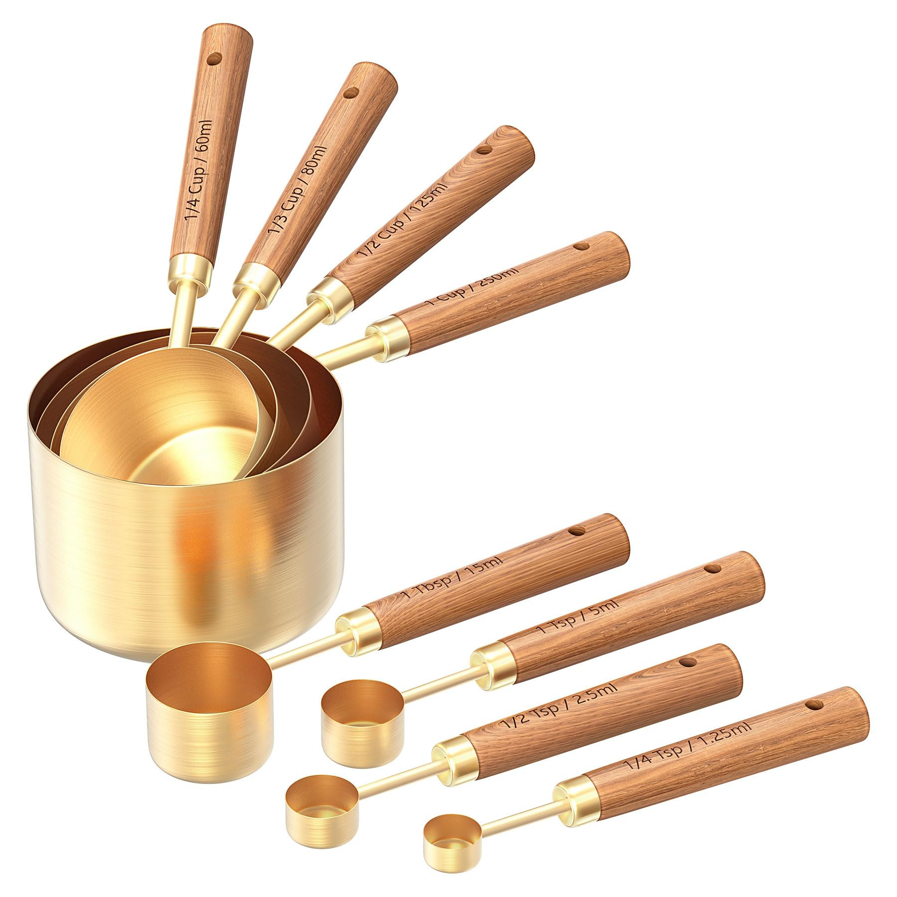 Gold Stainless Steel Measuring Cups and Spoons Set of 8, Wooden Handle with US Measurements, Metr... | Amazon (US)