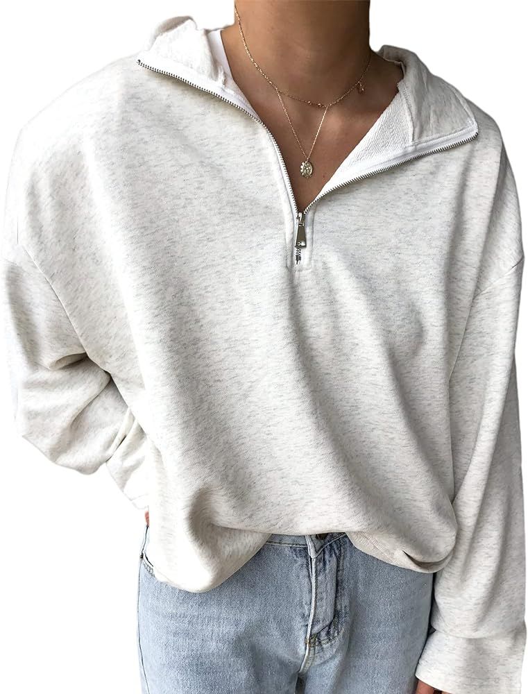 Womens Oversized Half Zip Lapel Sweatshirt Solid Color Casual Long Sleeve Cropped Pullover Top | Amazon (US)