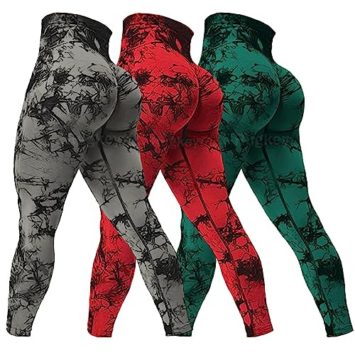 Rugkey Women's 3 Piece Yoga Leggings High Waist Tie Dye Seamless Scrunch Butt Lifting Athletic Booty Pants Black/Red/Dark Green M | Amazon (US)