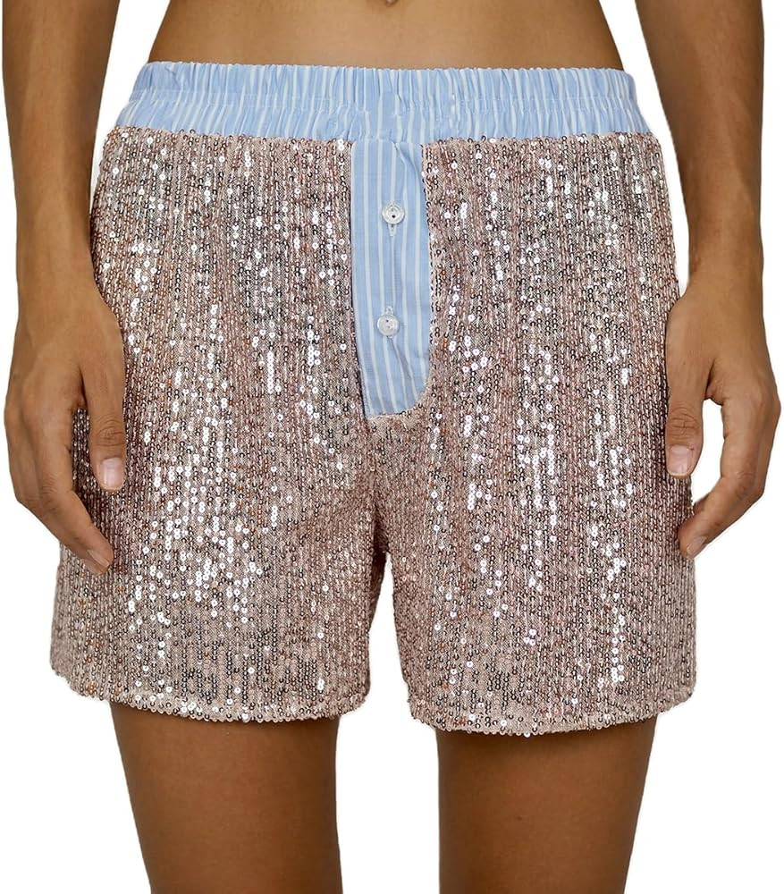 Mxiqqpltky Y2k Sparkly Sequin Shorts for Women Elastic Low Waist Wide Leg Glitter Boxer Shorts Cl... | Amazon (US)