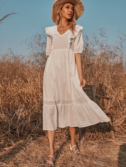 Eyelet Embroidery Ruffle Trim A-line Dress | SHEIN