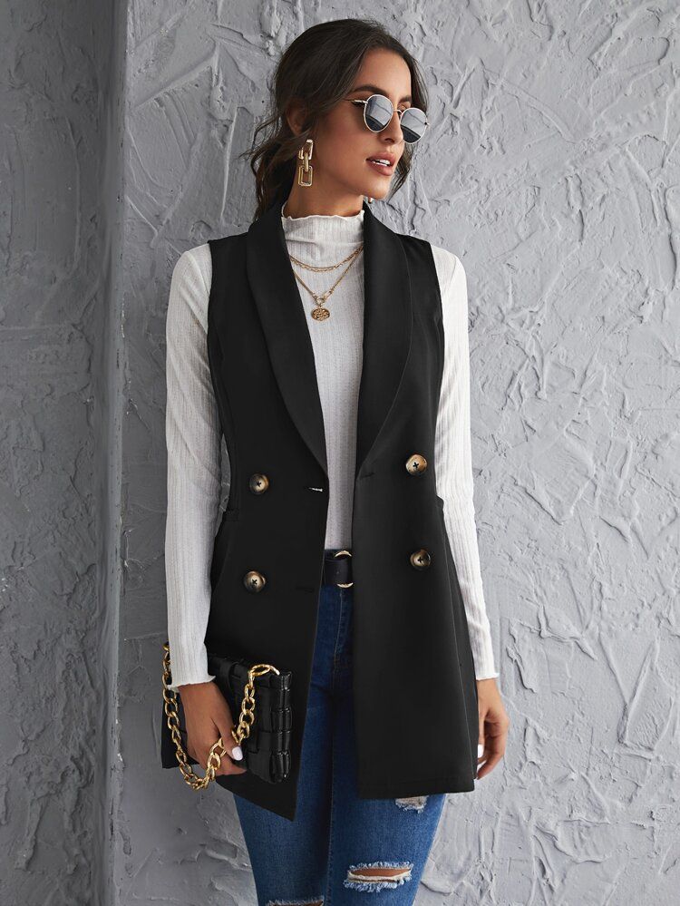 SHEIN Shawl Collar Double Breasted Vest Blazer | SHEIN