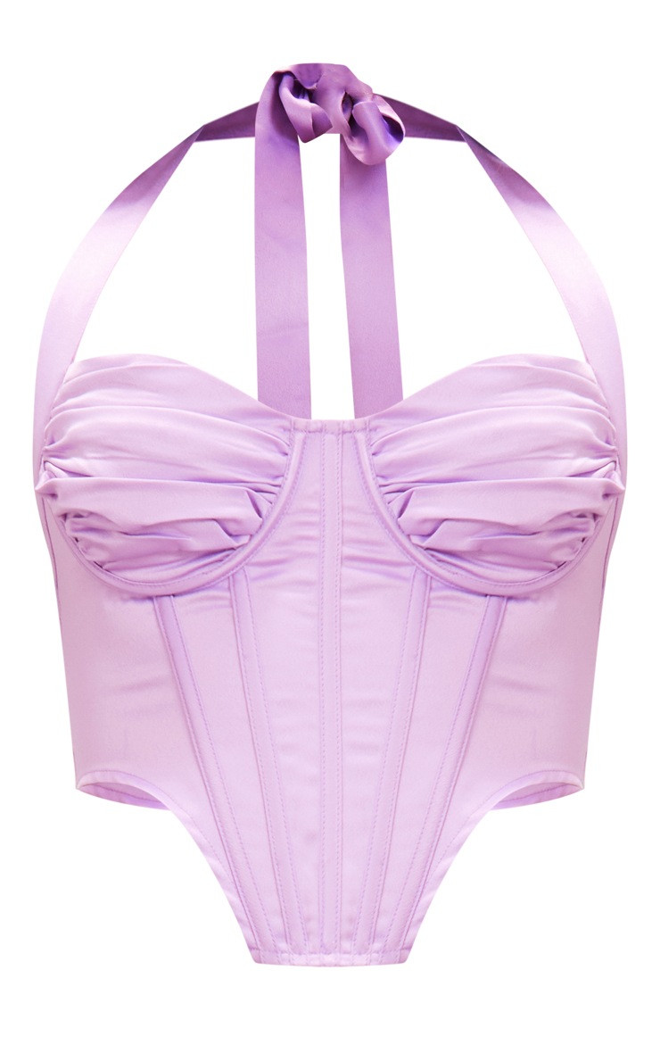 Lilac Satin Ruched Bust Halter Corset | PrettyLittleThing UK