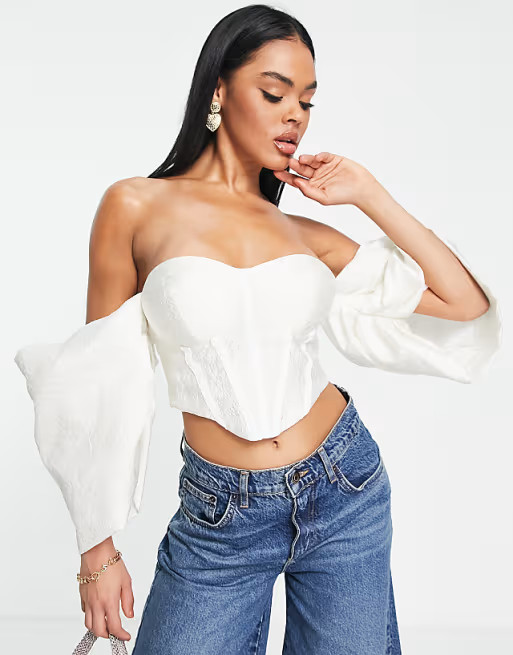 ASOS LUXE extreme Bardot sleeve corset top in white | ASOS | ASOS (Global)