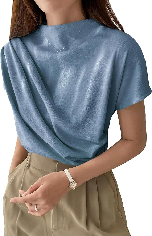 OYOANGLE Women's Ruched Draped Front Mock Neck Short Sleeve Solid Tee Shirt Top | Amazon (US)