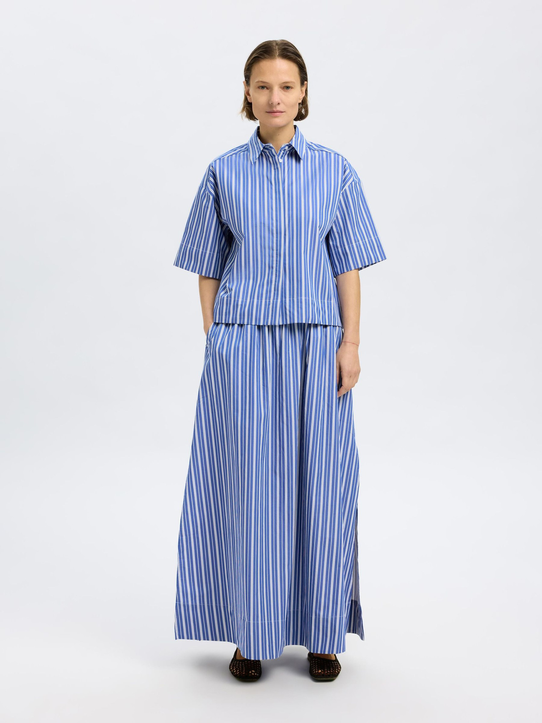 STRIPED SHORT SLEEVED SHIRT | Blue | Selected | Selected