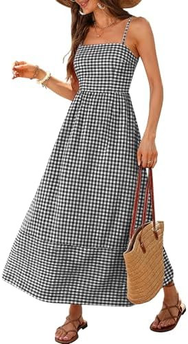Caracilia Womens Maxi Dresses Gingham Spaghetti Strap Back Smocked Flowy Long Sundress Summer Bea... | Amazon (US)