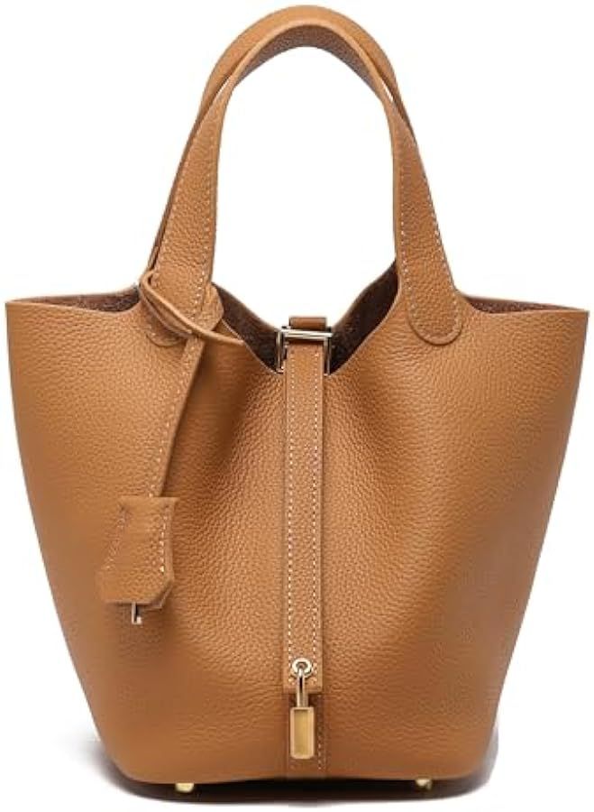 Genuine Leather Soft Bucket Bag for Women Fashion Lock Design Handbags Vegetable Basket Satchel w... | Amazon (US)