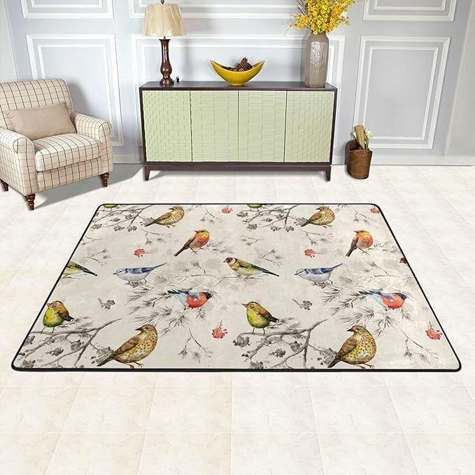 Vintage Birds Area Rug for Living Room, Birds Washable Carpet for Bedroom, Indoor Outdoor Non-Sli... | Amazon (US)