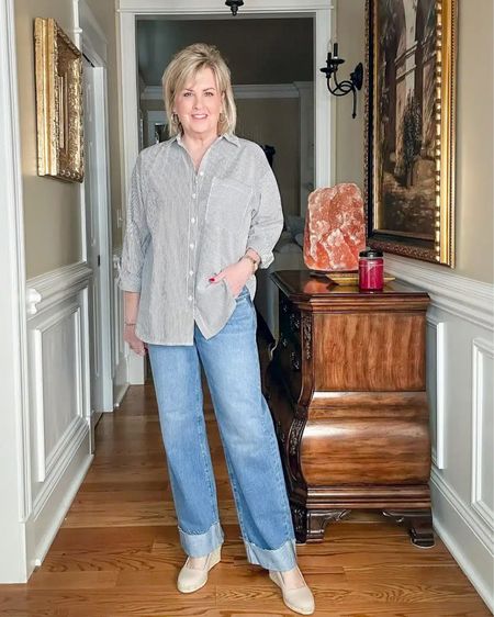 Button front shirt size medium | I have linked some similar cuffed jeans! Casual everyday outfit | womens denim 

#LTKmidsize #LTKstyletip #LTKover40