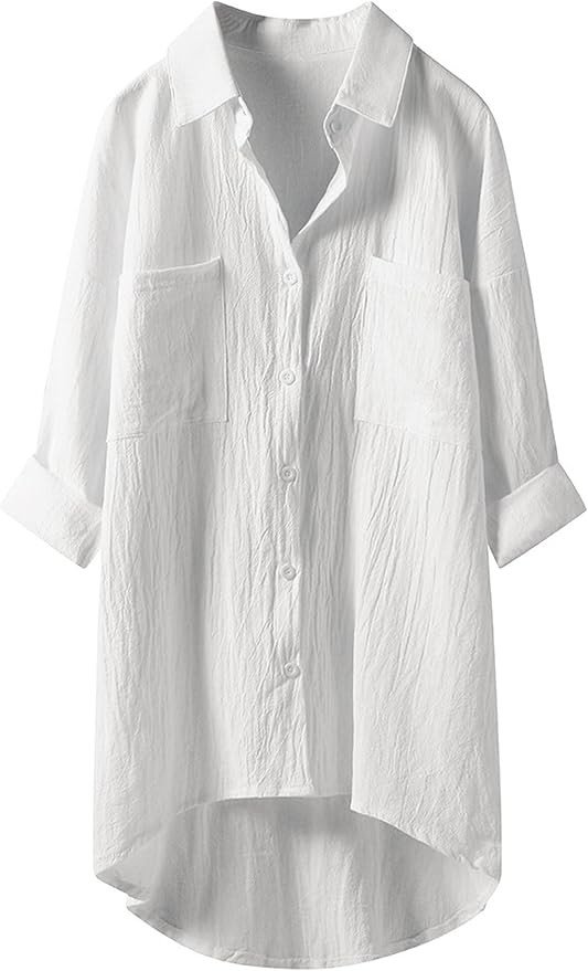 SCUSTY Linen Cotton Button Down Shirt for Women Loose Casual High Low Flowy Hem Shirts Blouses To... | Amazon (US)