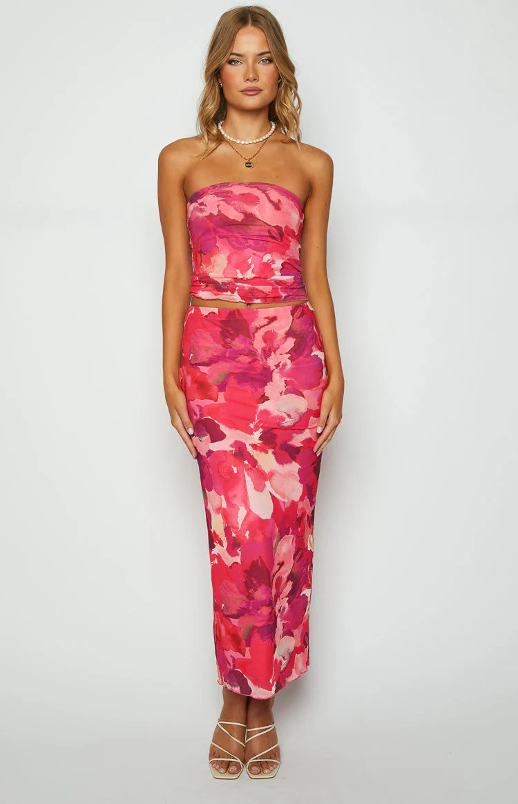 When in Rome Pink Print Mesh Maxi Skirt | Beginning Boutique (US)