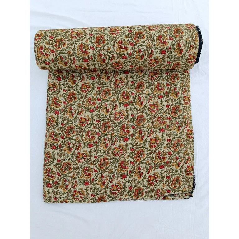 Floral Kantha Quilt Handblock Print floral Kantha Indian Netural Colour Indian inspired Bedding H... | Walmart (US)