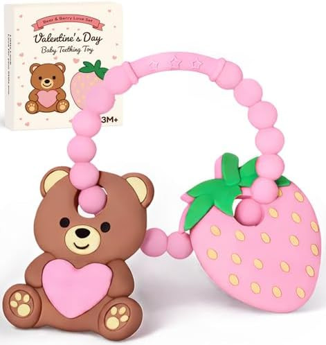 Valentine’s Baby Teething Ring Toys – Heart Teddy Bear & Strawberry Silicone Teethers for New... | Amazon (US)