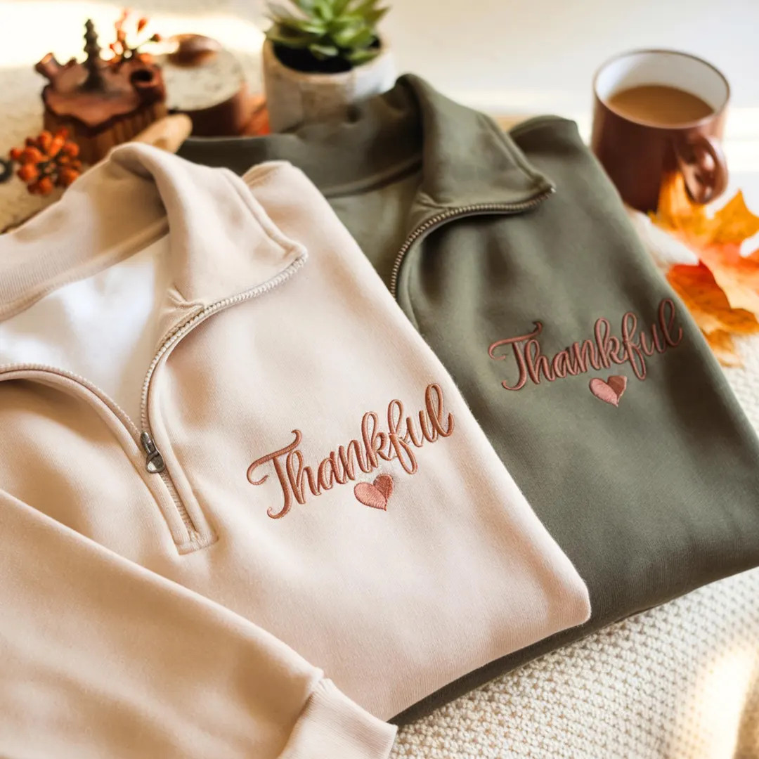 Thankful Embroidered Quarter Zip Sweatshirt, Thankful Lover Sweater, Hello Thanksgiving Sweatshir... | Etsy (US)