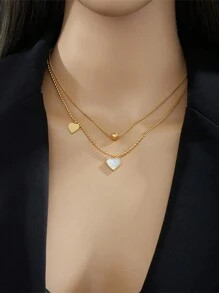 1pc Gold-Plated Double Layer Stainless Steel Chain With Shell & Heart Shaped Pendant Necklace Val... | SHEIN