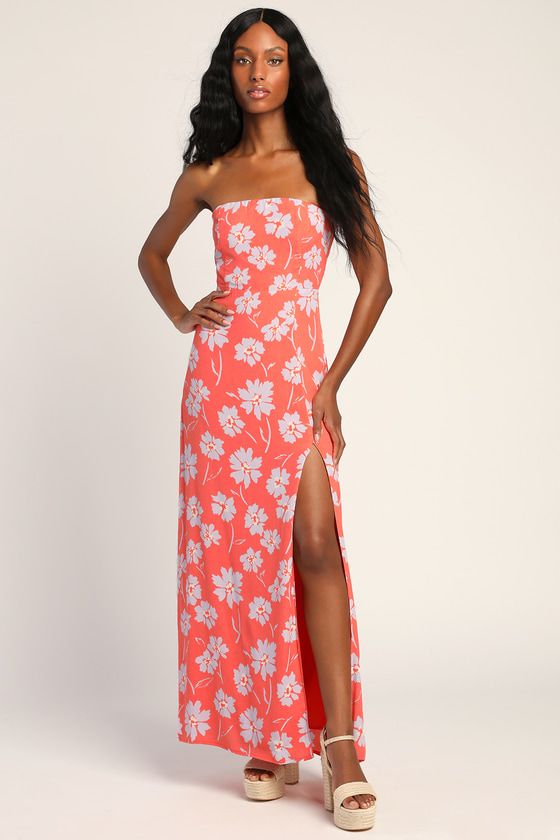 Floral Moment Coral Pink Floral Strapless Column Maxi Dress | Lulus (US)