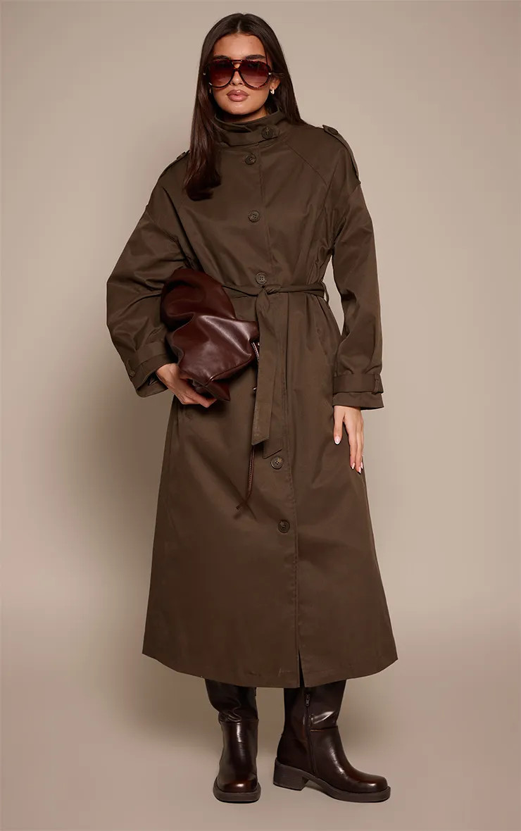 Dark Khaki Funnel Neck Trench Coat | PrettyLittleThing US