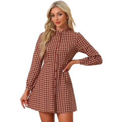 Allegra K Women's Vintage Check Plaid Ruffle Neck Button Down Long Sleeve A-Line Dress Medium Beige Red | Target