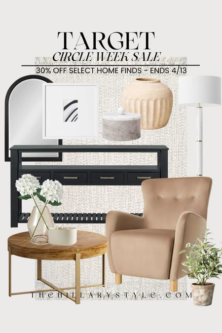 Target Circle Week: Select Home Decor and furniture 30-50% off with Target’s Circle Week Sale. Velvet accent chair, black console table, wood round coffee table, marble floor lamp, indoor/outdoor area rug, black arch mirror, gallery wall frame, ceramic vase, marble decorative object, smoke glass vase, faux plant, faux hydrangea stems, ceramic candle. 

#LTKsalealert #LTKhome #LTKxTarget