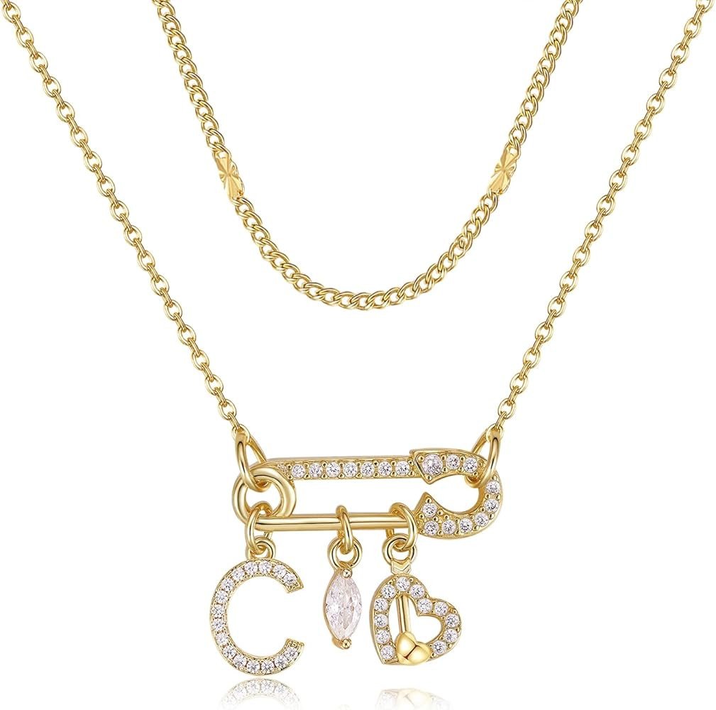 Safety Pin Initial Necklace for Women,14k Gold Plated Layered Chain Choker Necklaces,Cubic Zircon... | Amazon (US)