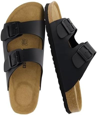 CUSHIONAIRE Lane Cork Footbed Mens Sandals, Adjustable Buckle Comfort Slides for Men, Genuine Lea... | Amazon (US)