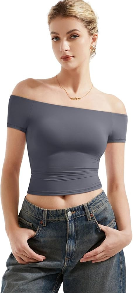SUUKSESS Women Double Lined Off The Shoulder Tops Fitted Going Out Basic Shirts | Amazon (US)
