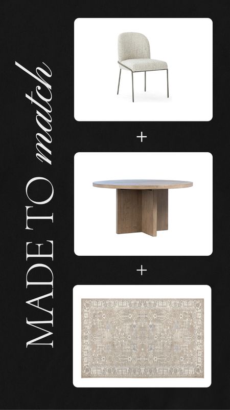Transitional and contemporary, modern dining room, design. Beige and gray area rug, round, xBase, wood dining table, and cream speckled dining chairs with metal frame. #DiningRoomIdeas #ContemporaryDiningroom #TransitionalDesign #Dining roomDesign