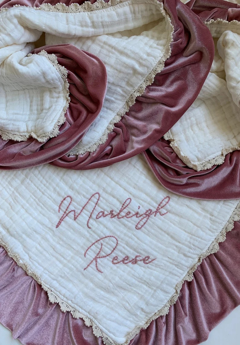 LACE 6 Layer Muslin Velvet Trim Lovey Blanket With Personalized Hand Embroidered Name ~ Custom Ba... | Etsy (Global)