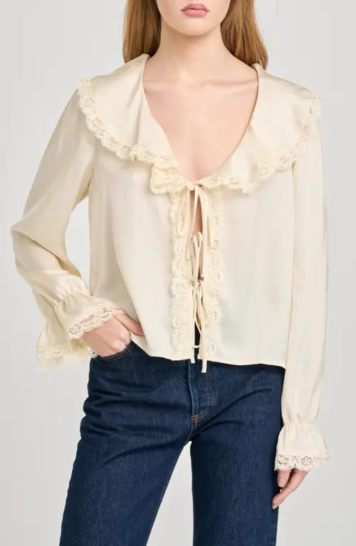 WAYF Lacy Long Sleeve Tie Front Top in Cream at Nordstrom, Size Medium | Nordstrom