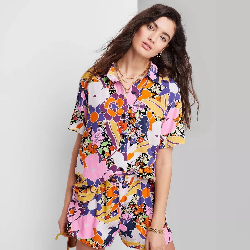 Women's Ascot + Hart Tropical Woven Short Sleeve Graphic Top - Purple | Target