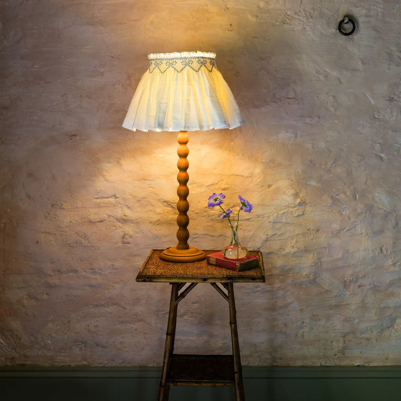 Edit58 x Smock London Elsie Lampshade Skirt White Grid with Blue Bows Hand Smocking | Smock London