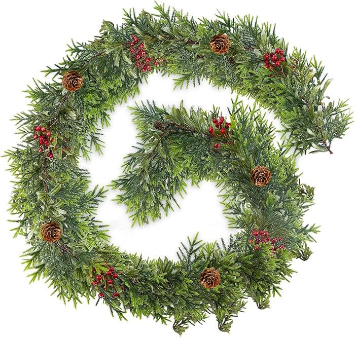 6FT Christmas Garland – Artificial Norfolk Pine Olive Garland with Red Berries, Pinecones & 20 ... | Amazon (US)