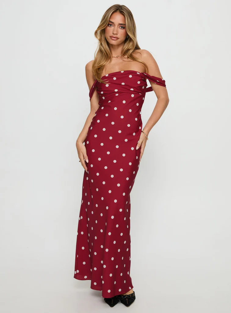 End Credits Off Shoulder Pleat Maxi Dress Red / Polka Dot | Princess Polly US