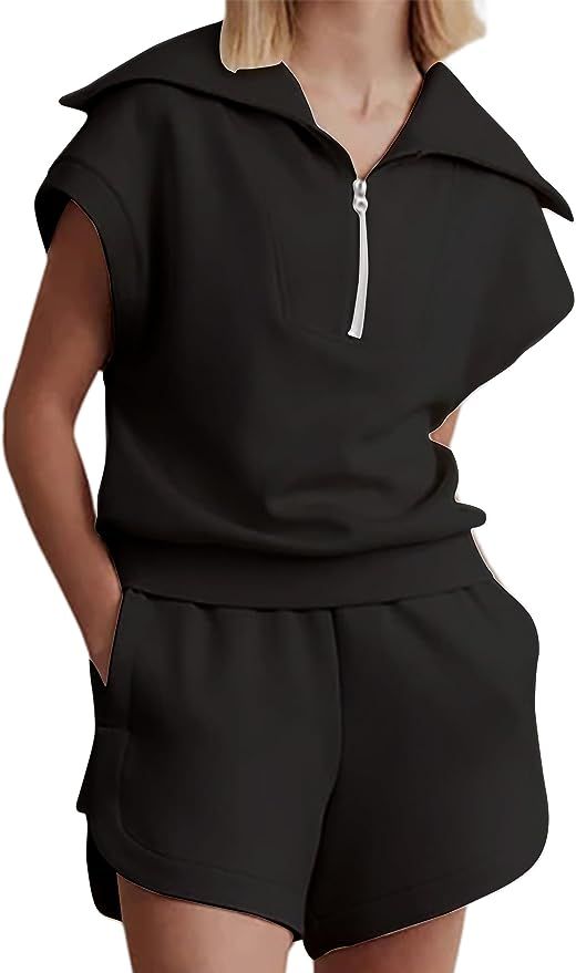 SAFRISIOR Women Casual Two Pieces Outfits Half Zip Lapel Collar Short Sleeve Sweatshirt high Wais... | Amazon (US)