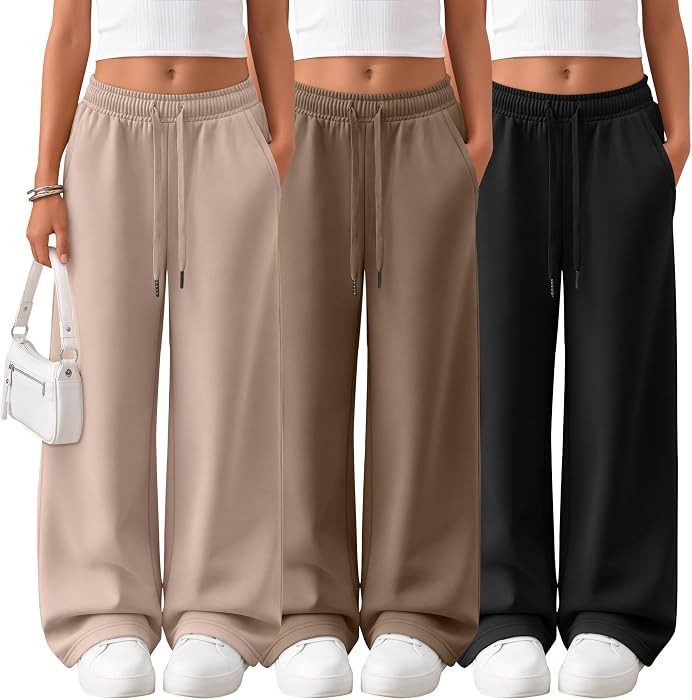 3Pcs Girls Wide Leg Sweatpants with Pockets Drawstring | Amazon (US)