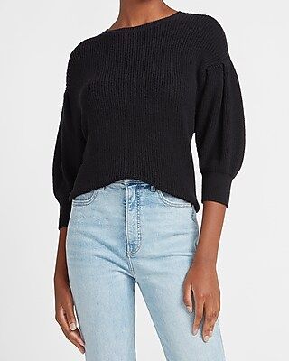 Ribbed Puff Sleeve Sweater Black Women's XXS | Express
