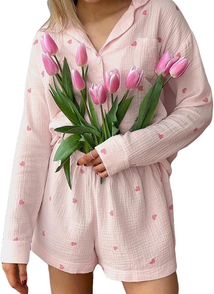 codcm Pajama Sets for Women Cotton Matching Pajama Sets 2 Piece Sleepwear Love Heart Pajamas | Amazon (US)