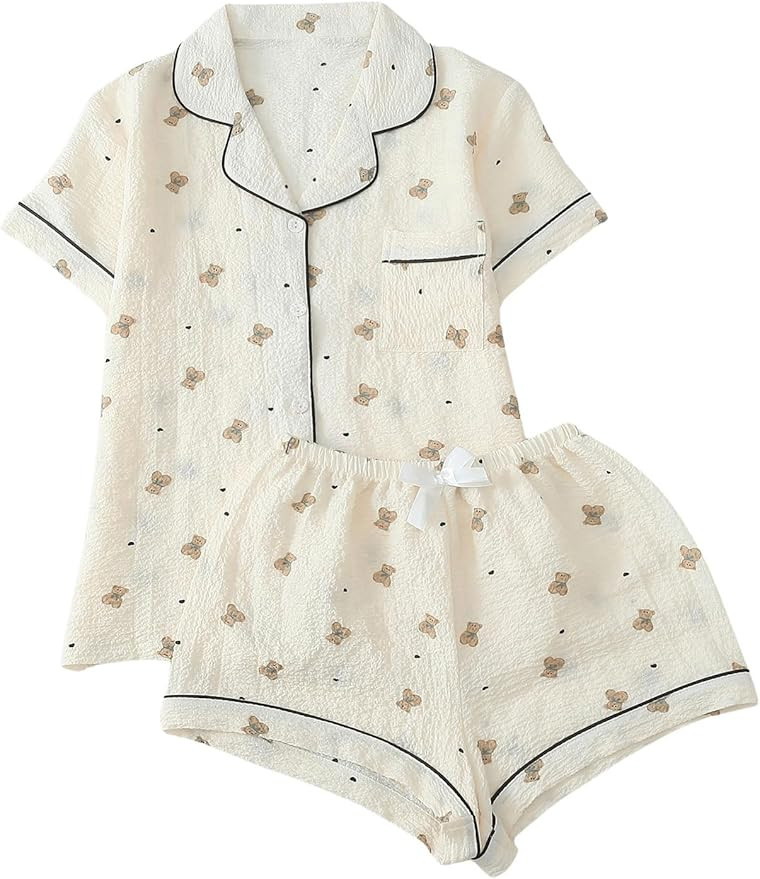 Women's Two Piece Pajama Sets Allover Print Short Sleeve Sleepwear Button Down Shirt and Bow Shor... | Amazon (US)