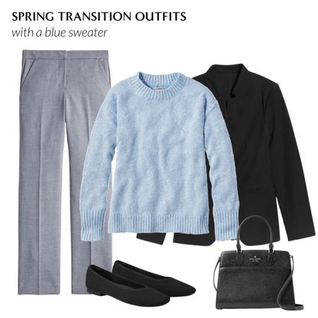 Spring transition outfits with a blue sweater

Black blazer
Gray pants
Black ballet flats