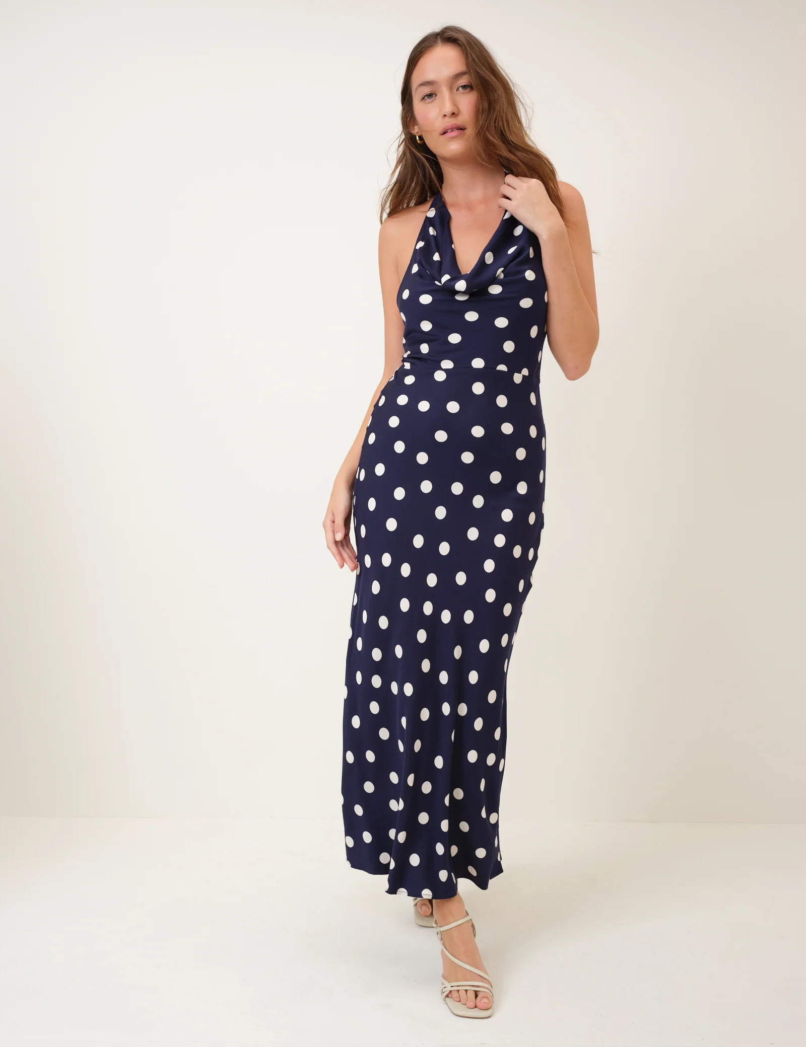 Navy Polka Dot Cowl Halterneck Dolly Maxi Dress | Nobody's Child